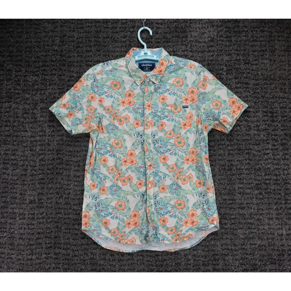 Chubbies Shirt Mens Medium Blue Green Ivory Floral Print Short Sleeve Hawaiian